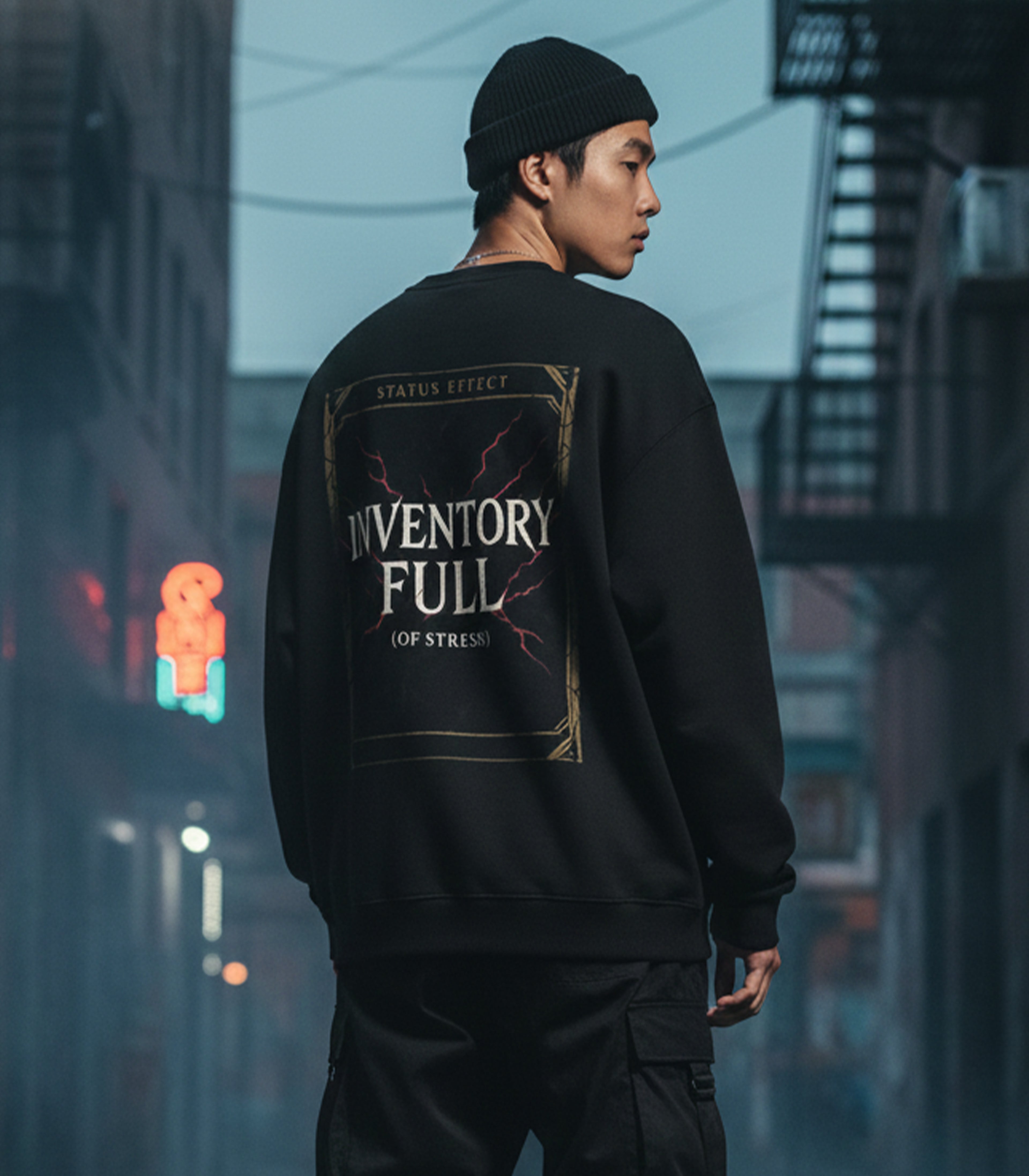 Inventory Full (Of Stress) Gaming Graphic Sweatshirt | Status Effect Black Pullover, Gamer Merch, Oversized Streetwear