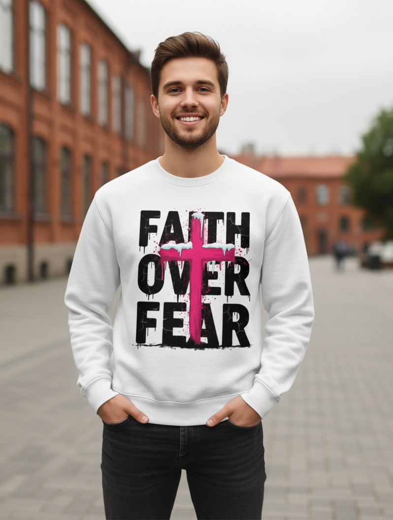 Unisex White "Faith Over Fear" Pink Cross Graphic Crewneck Pullover