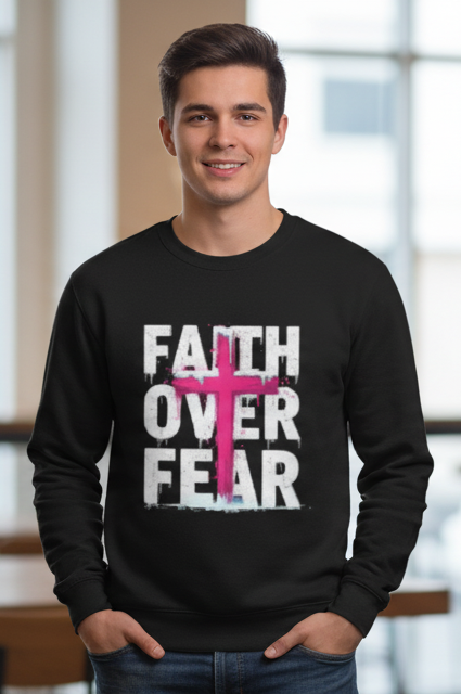 Unisex Black "Faith Over Fear" Pink Cross Graphic Crewneck Pullover