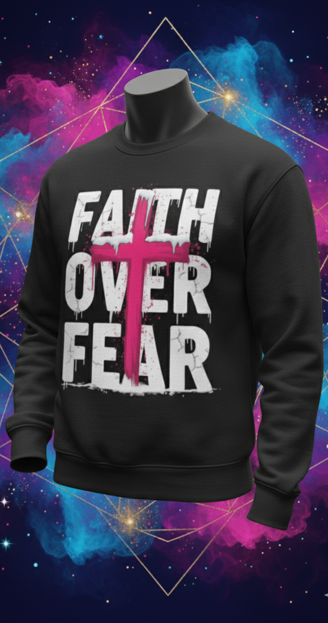 Unisex Black "Faith Over Fear" Pink Cross Graphic Crewneck Pullover