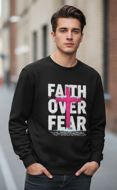 Unisex Black "Faith Over Fear" Pink Cross Graphic Crewneck Pullover