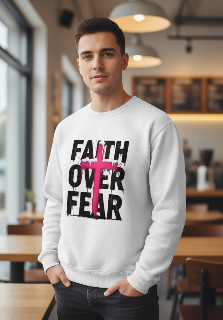 Unisex White "Faith Over Fear" Pink Cross Graphic Crewneck Pullover