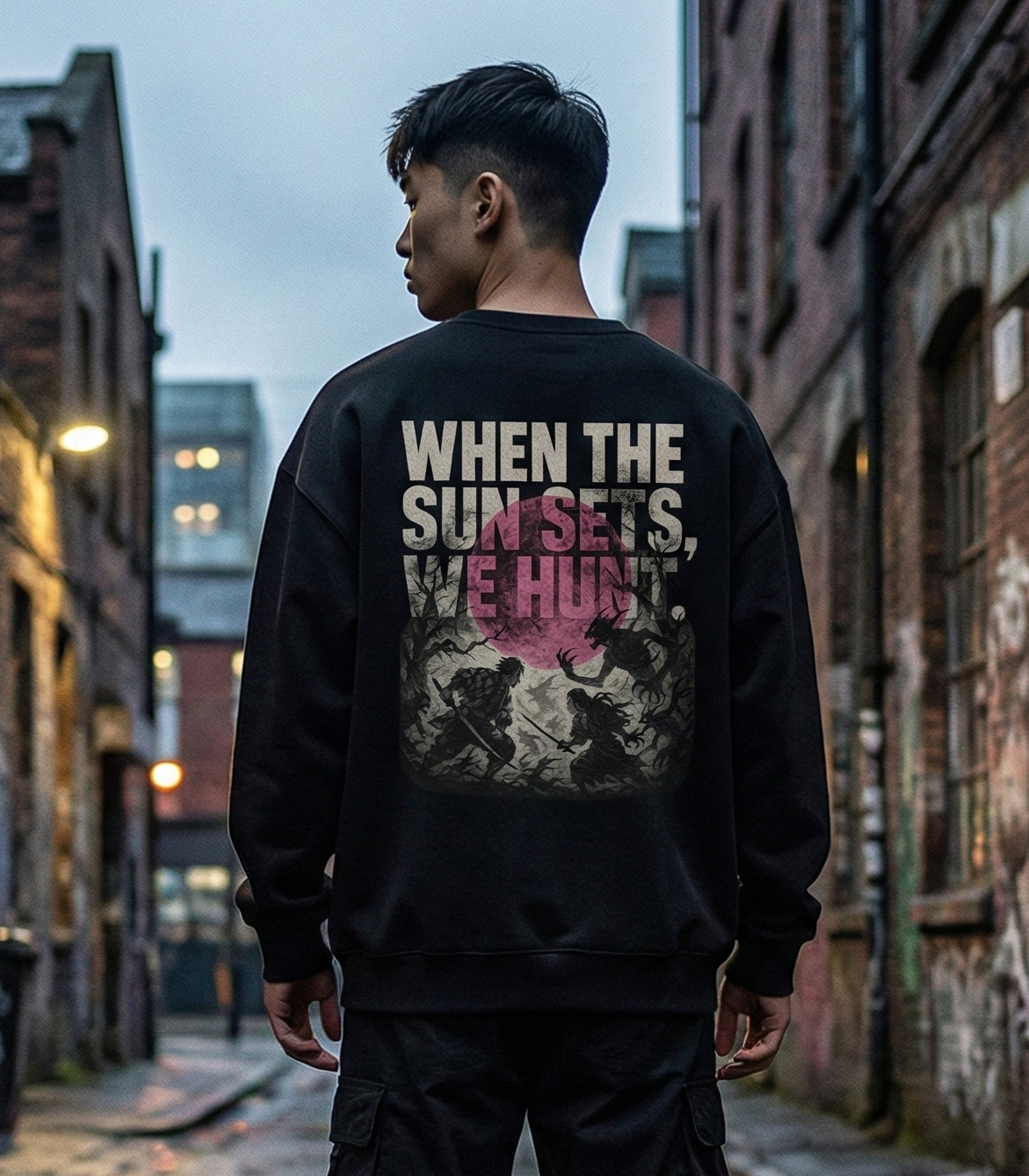 “When the Sun Sets, We Hunt” Anime Streetwear Sweatshirt – Premium Oversized Dark Aesthetic