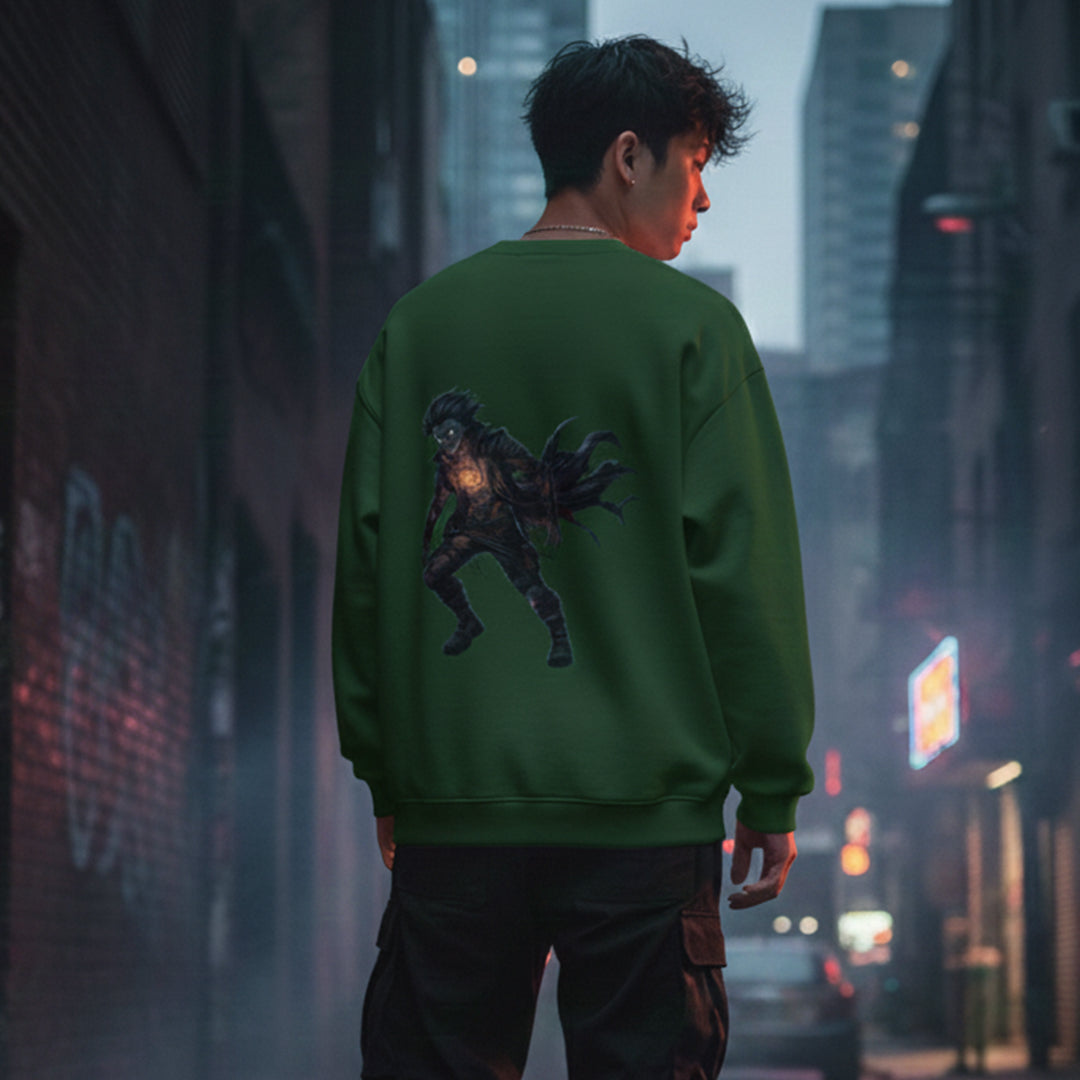 Dark Anime Figure Sweatshirt | Edgy Gothic Manga Streetwear | Oversized Black & White Crewneck