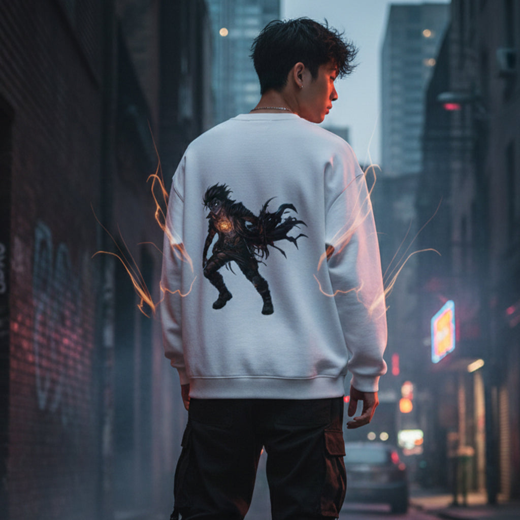 Dark Anime Figure Sweatshirt | Edgy Gothic Manga Streetwear | Oversized Black & White Crewneck