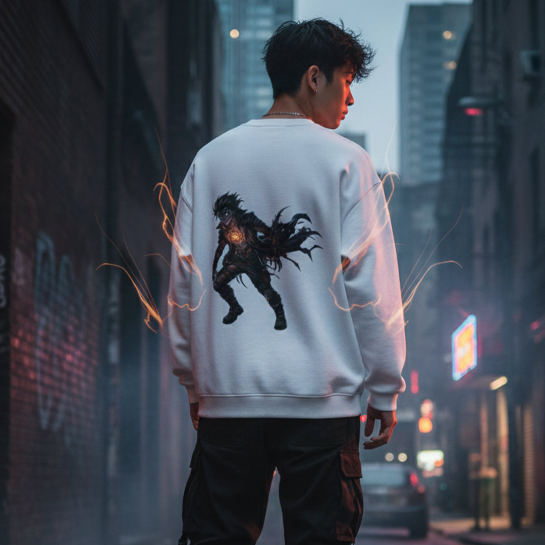 Dark Anime Figure Sweatshirt | Edgy Gothic Manga Streetwear | Oversized Black & White Crewneck