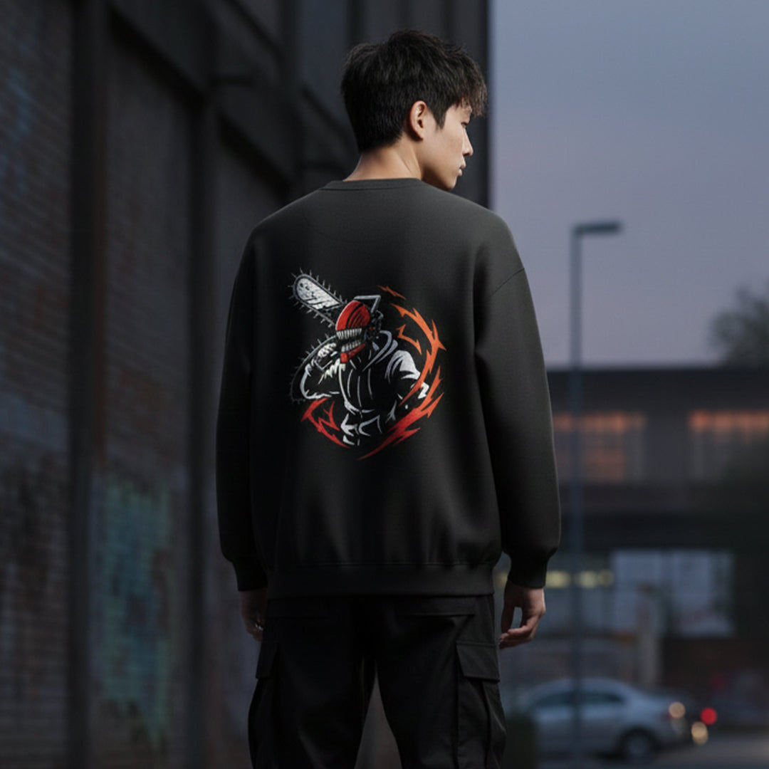 Chainsaw Man Denji Sweatshirt | Dark Green Anime Streetwear | CSM Devil Hunter Oversized Crewneck | DREAM SHECHER