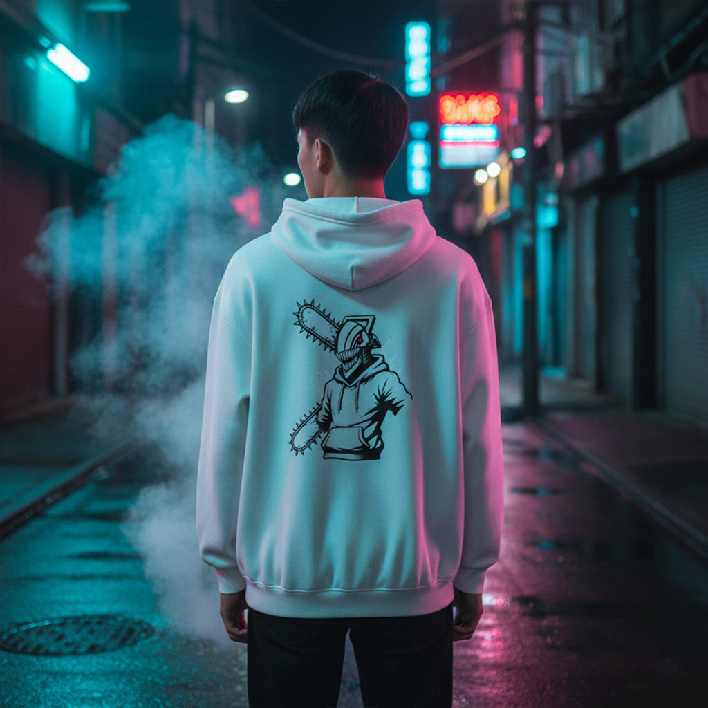 Chainsaw Man Denji White Hoodie | Minimalist CSM Devil Hunter Streetwear | Oversized Black & White Jumper | DREAM SHECHER