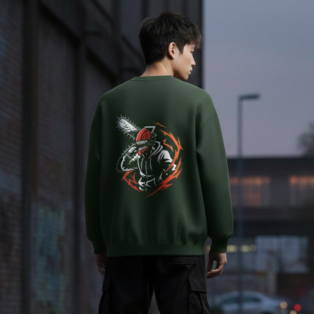 Chainsaw Man Denji Sweatshirt | Dark Green Anime Streetwear | CSM Devil Hunter Oversized Crewneck | DREAM SHECHER