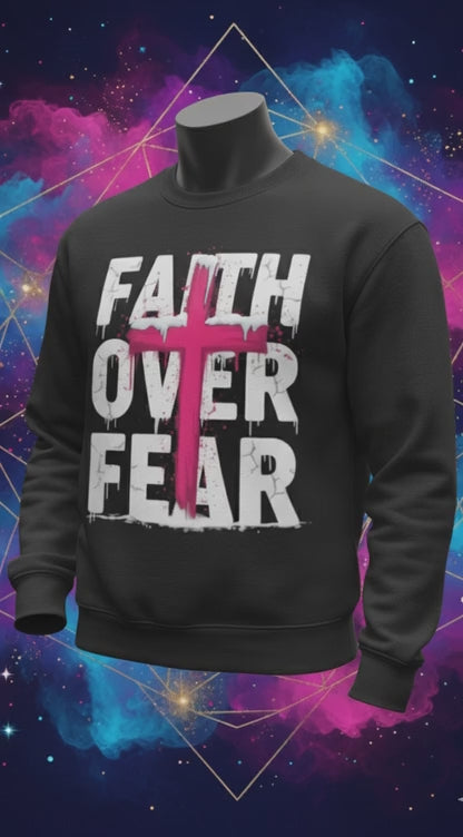 Unisex Black "Faith Over Fear" Pink Cross Graphic Crewneck Pullover