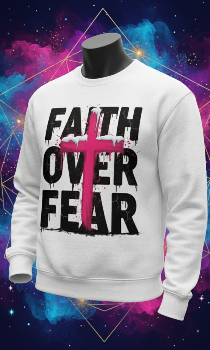 Unisex White "Faith Over Fear" Pink Cross Graphic Crewneck Pullover